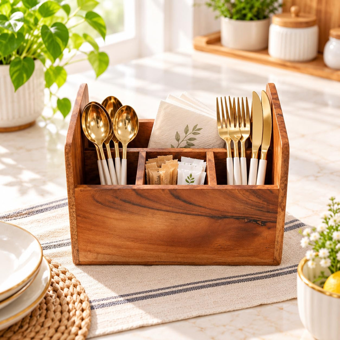 HOKIPO Arbor Acacia Wood Cutlery Caddy with Carry Handles, 4 Compartments - image 1