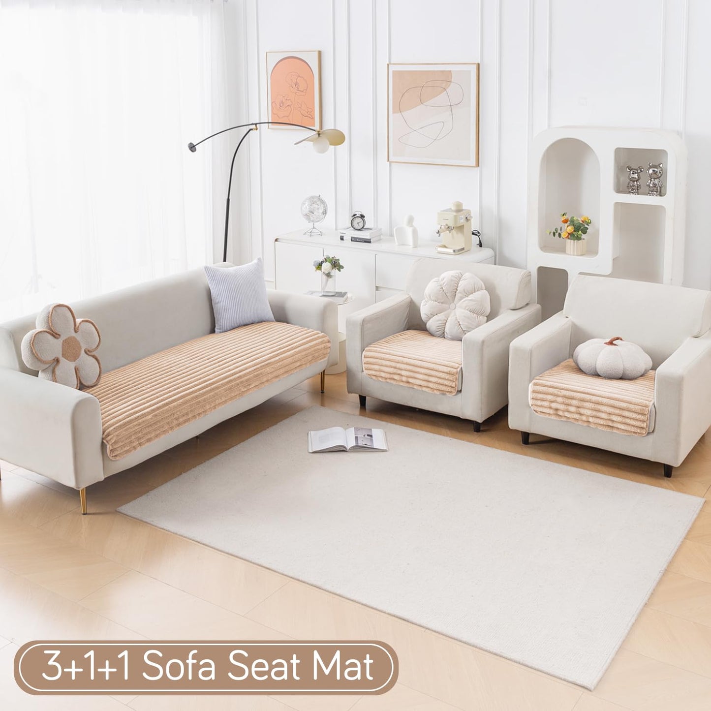 Faux Rabbit Fur Sofa Cover Combination Set, 'Snuggle Fur Series' Sand Brown