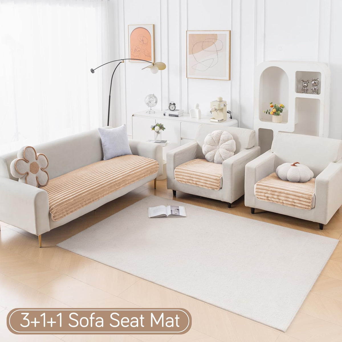 Faux Rabbit Fur Sofa Cover Combination Set, 'Snuggle Fur Series' Sand Brown