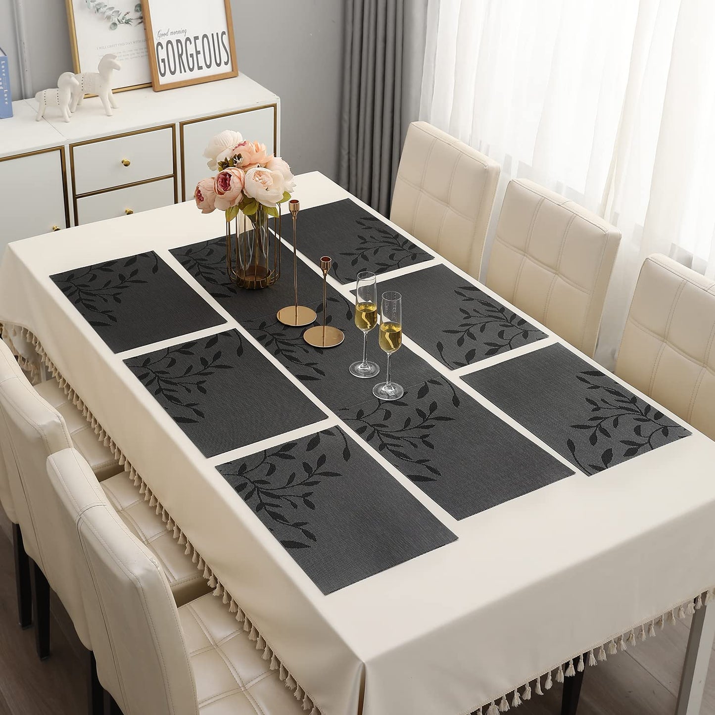 PVC Dining Table Mats, Black Leaves