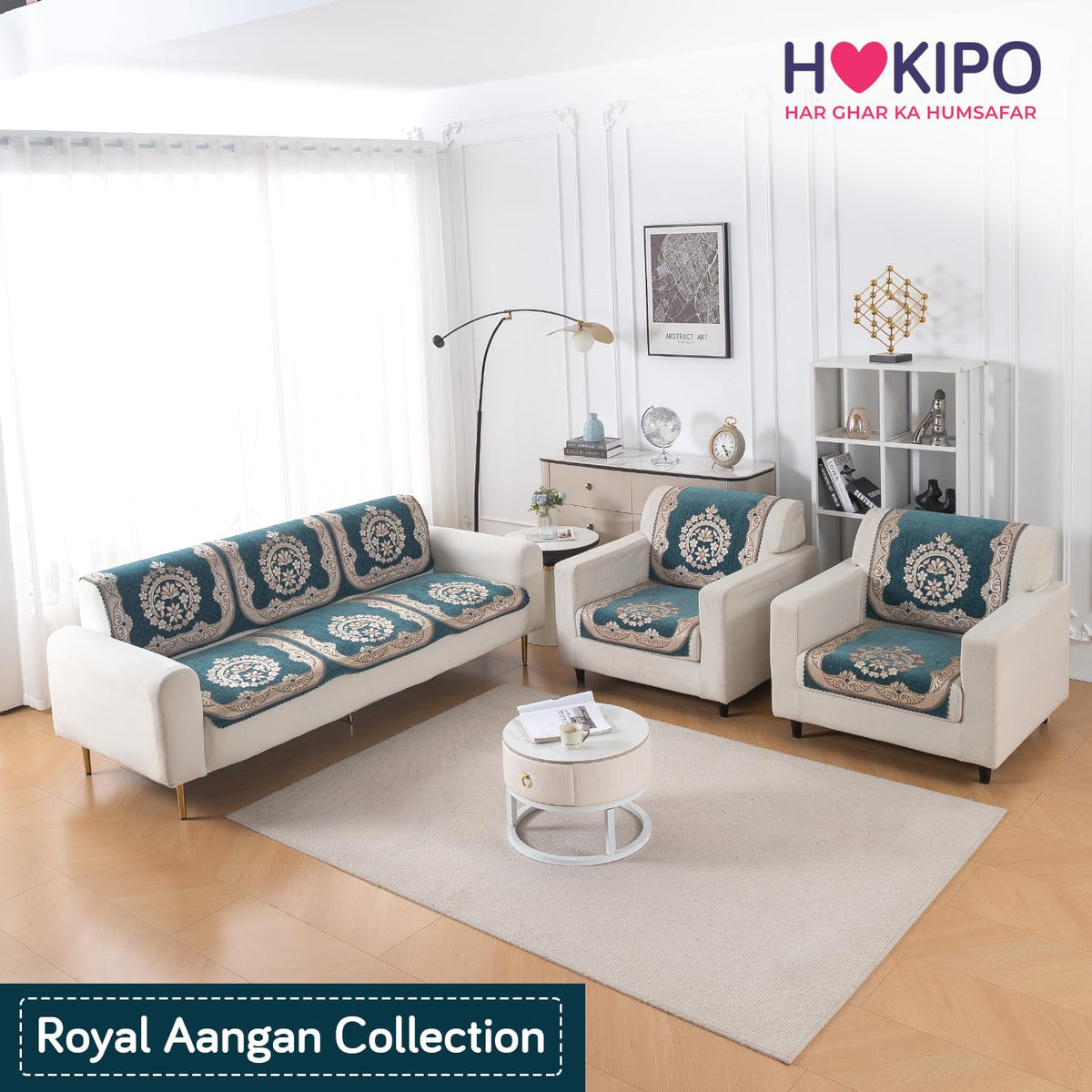 Royal Aangan Premium Chenille Jacquard Sofa Cover 5 Seater Set 3+1+1 Sofa Cover for Seat & Back, Shahi Teal