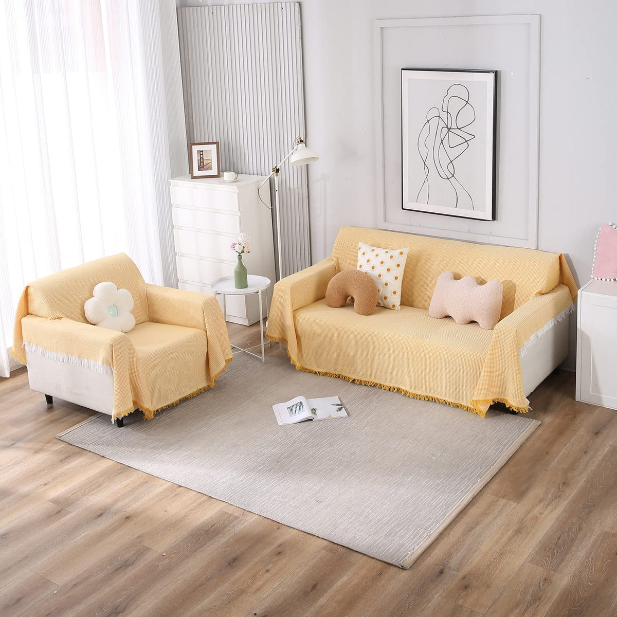 3+1 seater Yellow colour polycotton sofa throw set 
