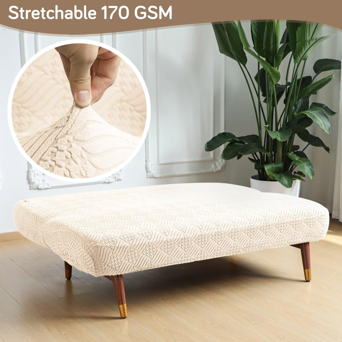 Buy Beige Colour Luxurious Jacquard Stretchable 170 GSM Futon Sofa Cover For Sofa Cum Bed | HOKIPO