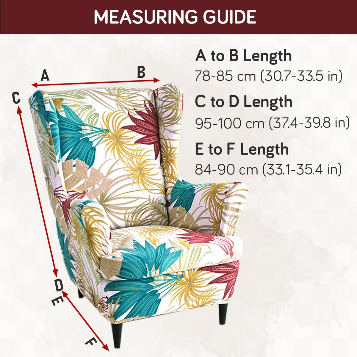 Cane Beige Ferns Stretchable Chair Cover for Wingback Chair size guide
