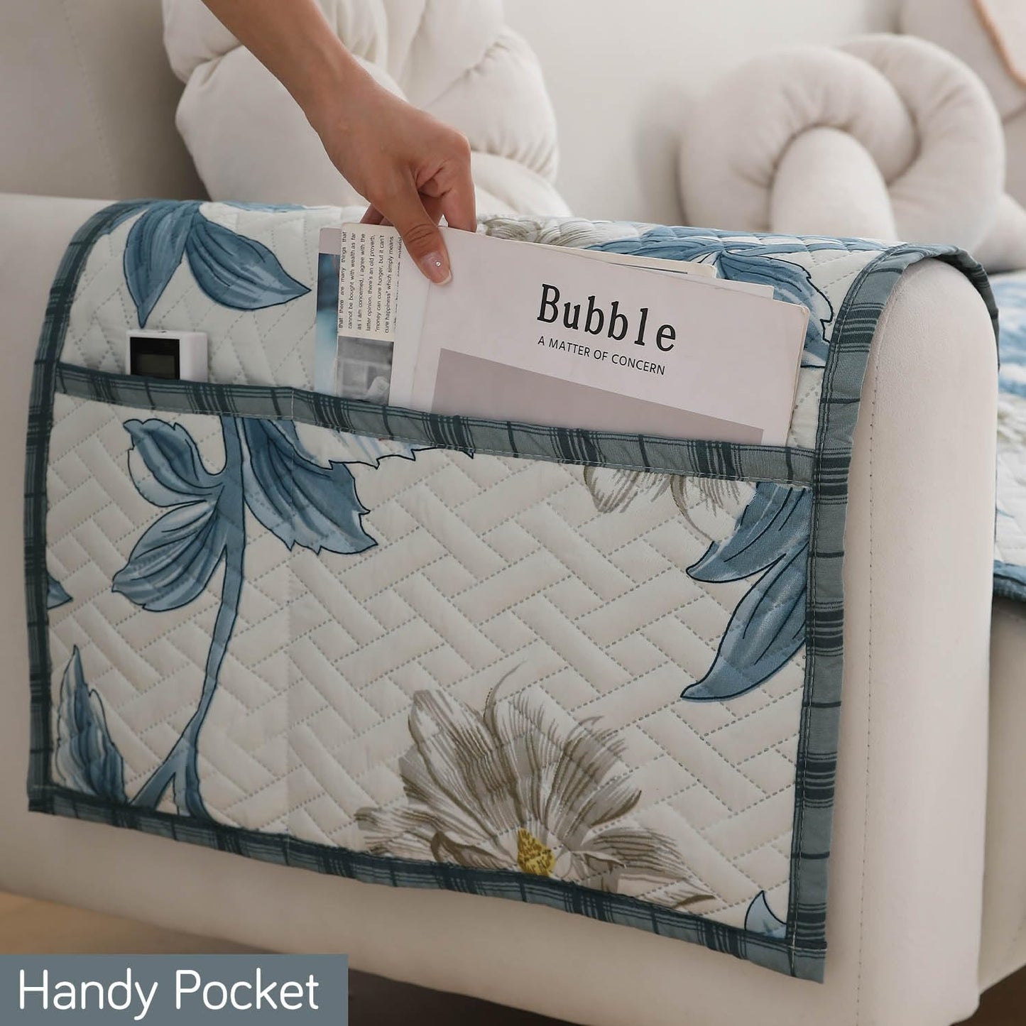 HOKIPO Quilted Sofa Seat Mat for 1/2/3 Seater with 2 Armrest Covers with Pockets, Celadon Blue Camellia