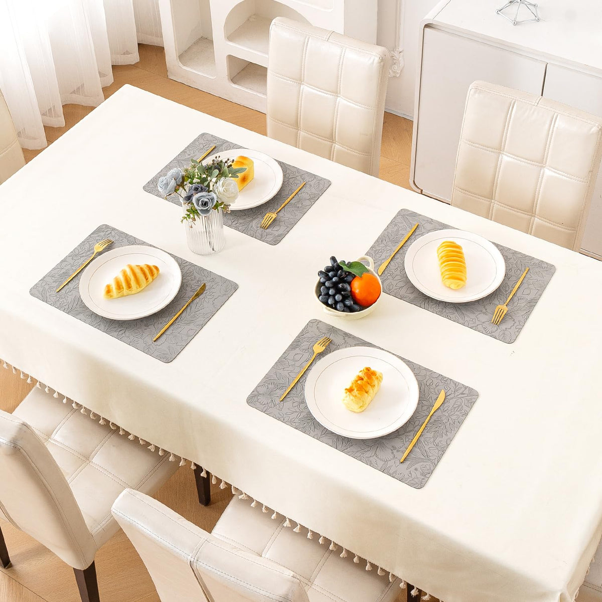 Hibiscus Bloom Washable Leather Mats for Dining Table - Stone Grey