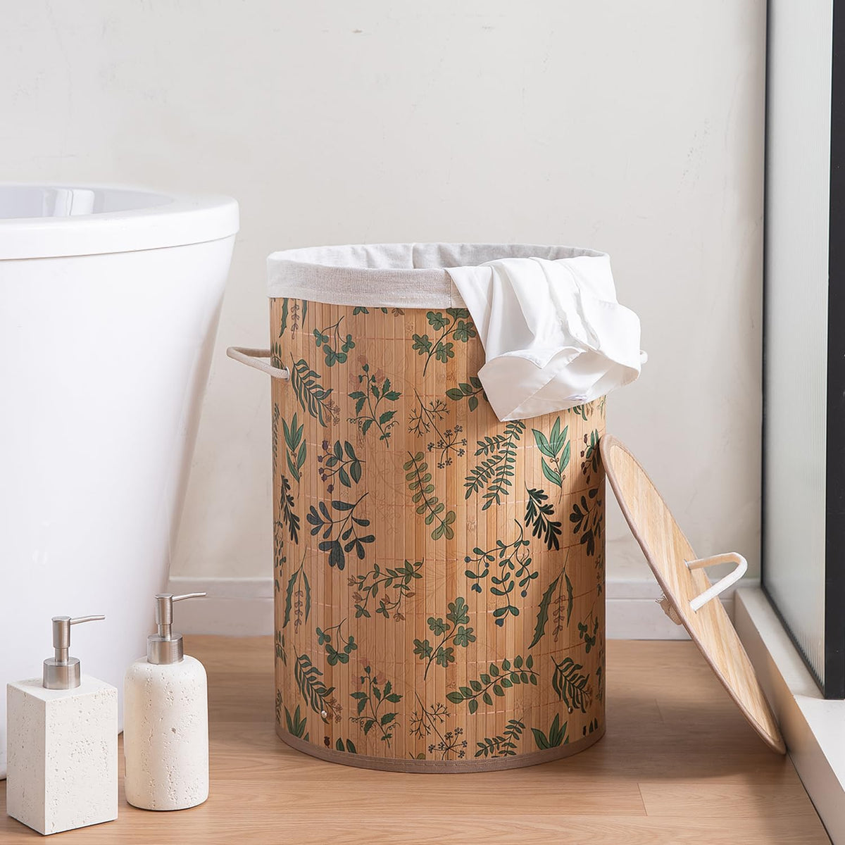 Eco-Friendly Foldable Bamboo Laundry Basket Hamper with Lid, Large, 61 Litre, Fern Leaves