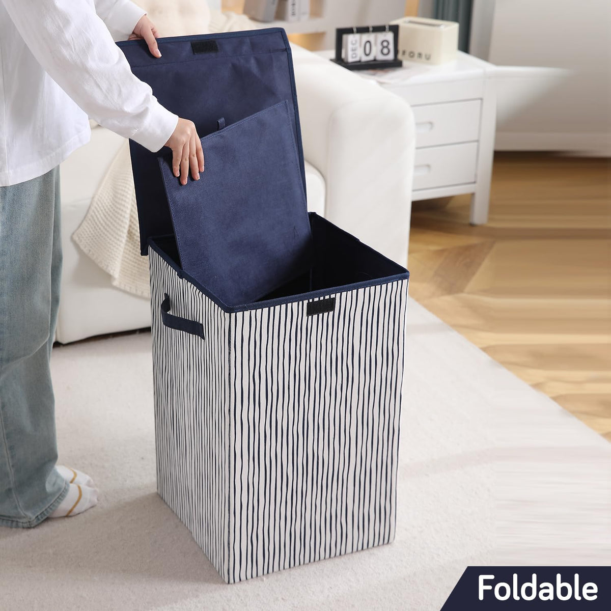 Foldable Laundry Basket for Clothes with Lid, Stripes