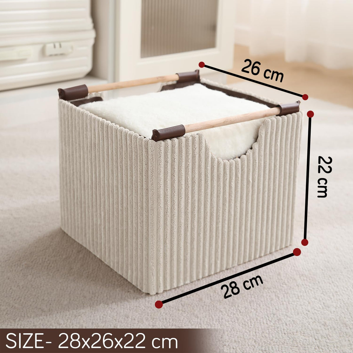Premium Foldable Storage Bin with Wooden Handles | Corduroy Fabric Organizer Box for Wardrobe, Books, Clothes & Misc Items, Cream