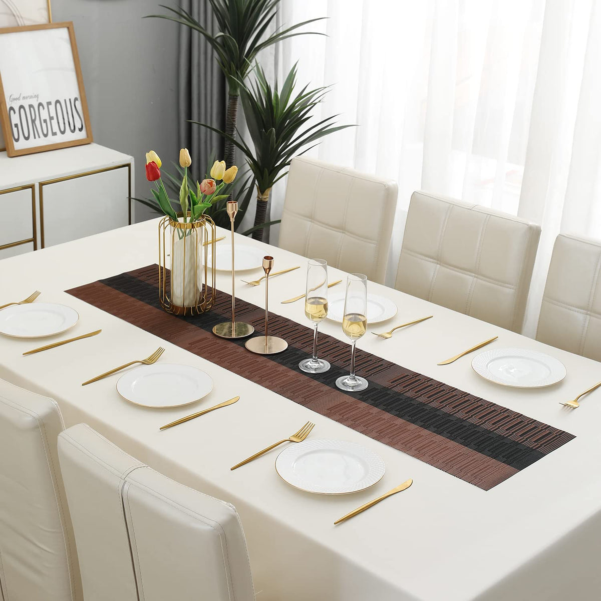 Buy Metallic Brown Colour PVC Table Runner for 6 Seater Tables | HOKIPO