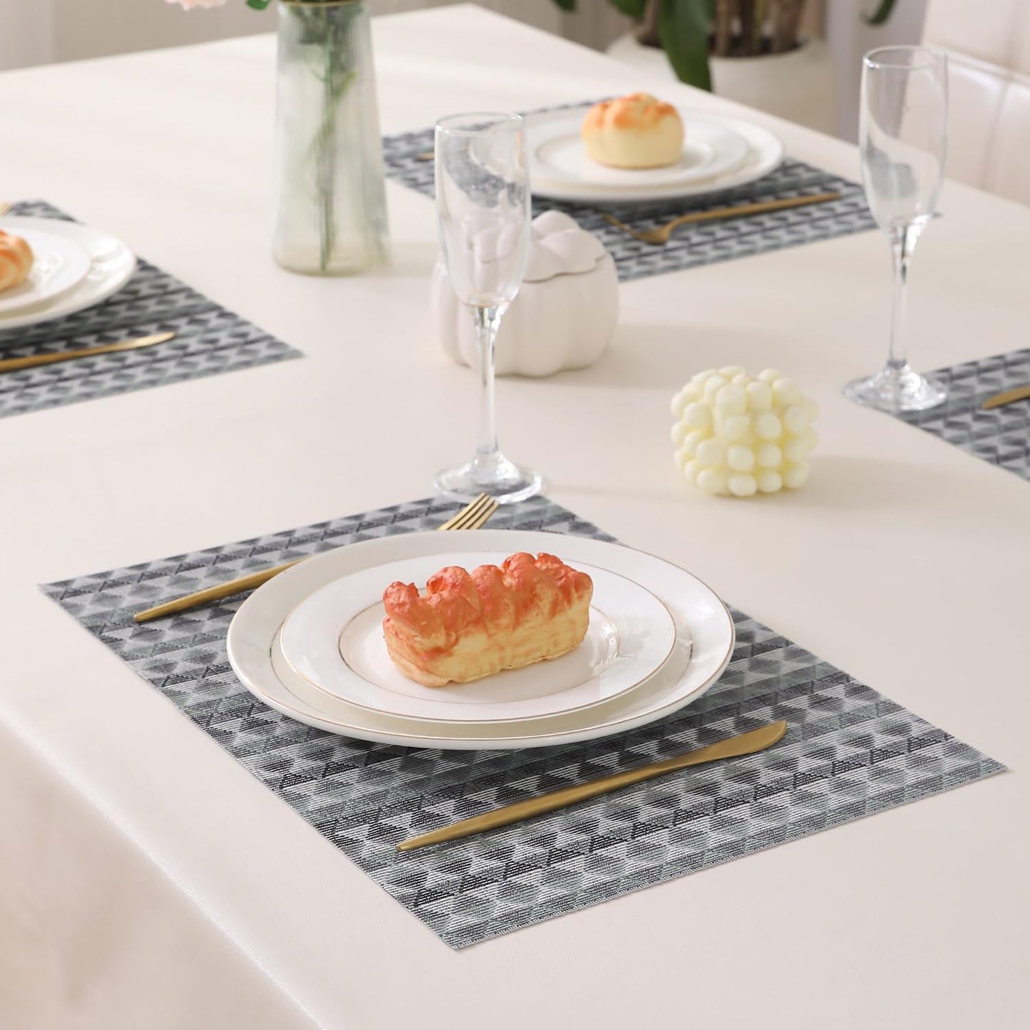 HOKIPO PVC Dining Table Mats and Runner Set of 4/6, Cool Grey Rhombus