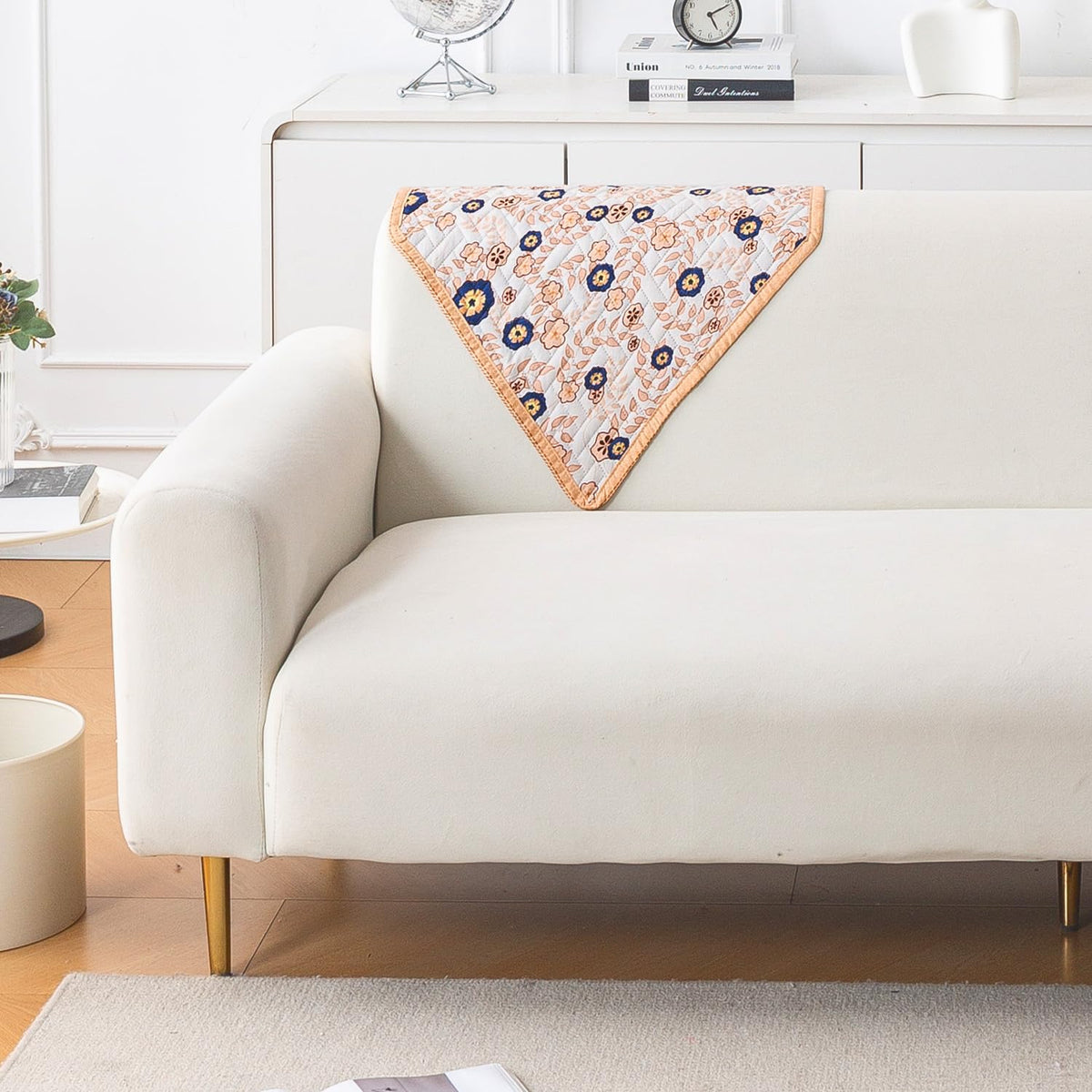 'Homehues' Printed Quilted Sofa Cover Mats,Light Peach Candytuft