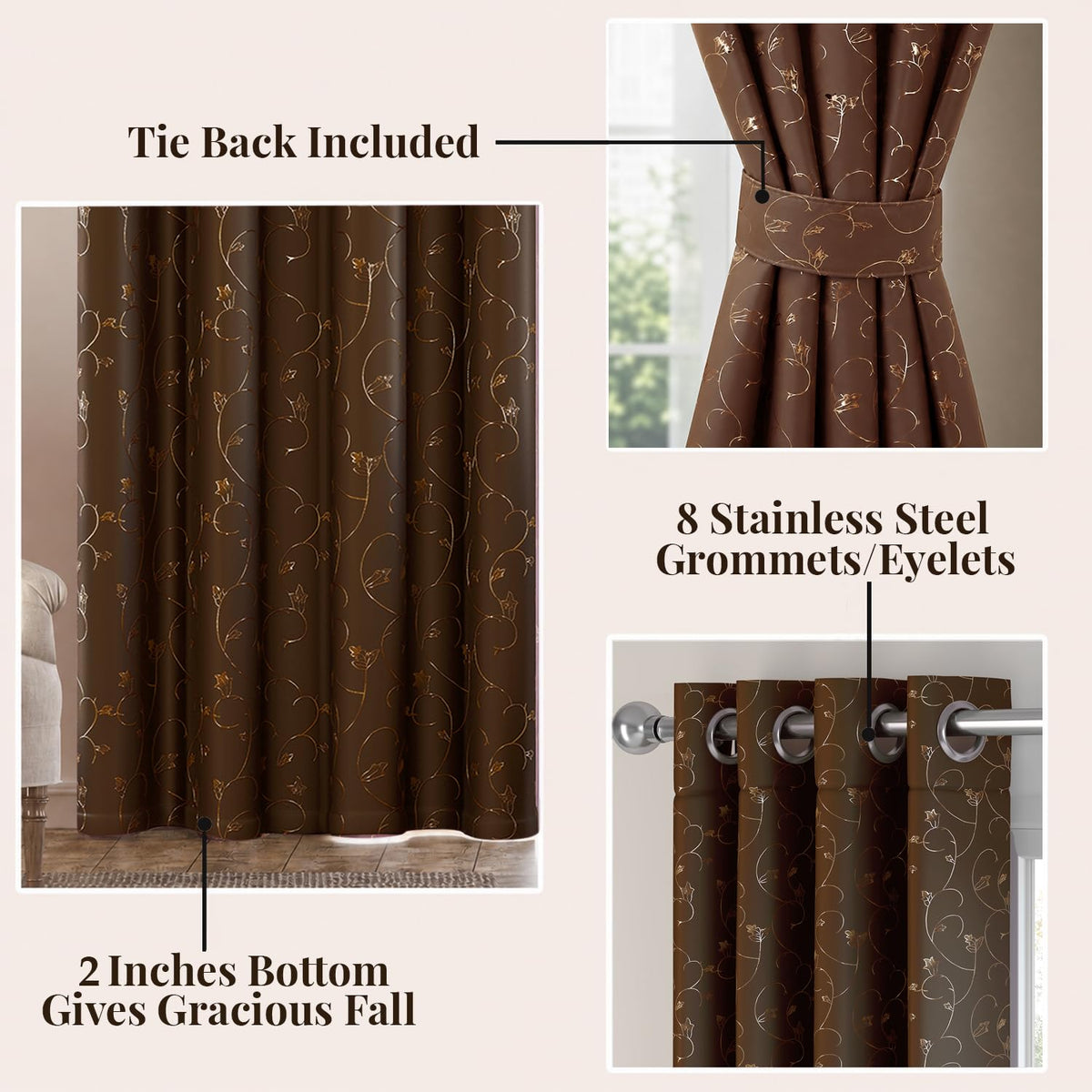 HOKIPO Golden Vine Eyelet Curtains, 7 Feet Long - Chocolate Brown - image 3