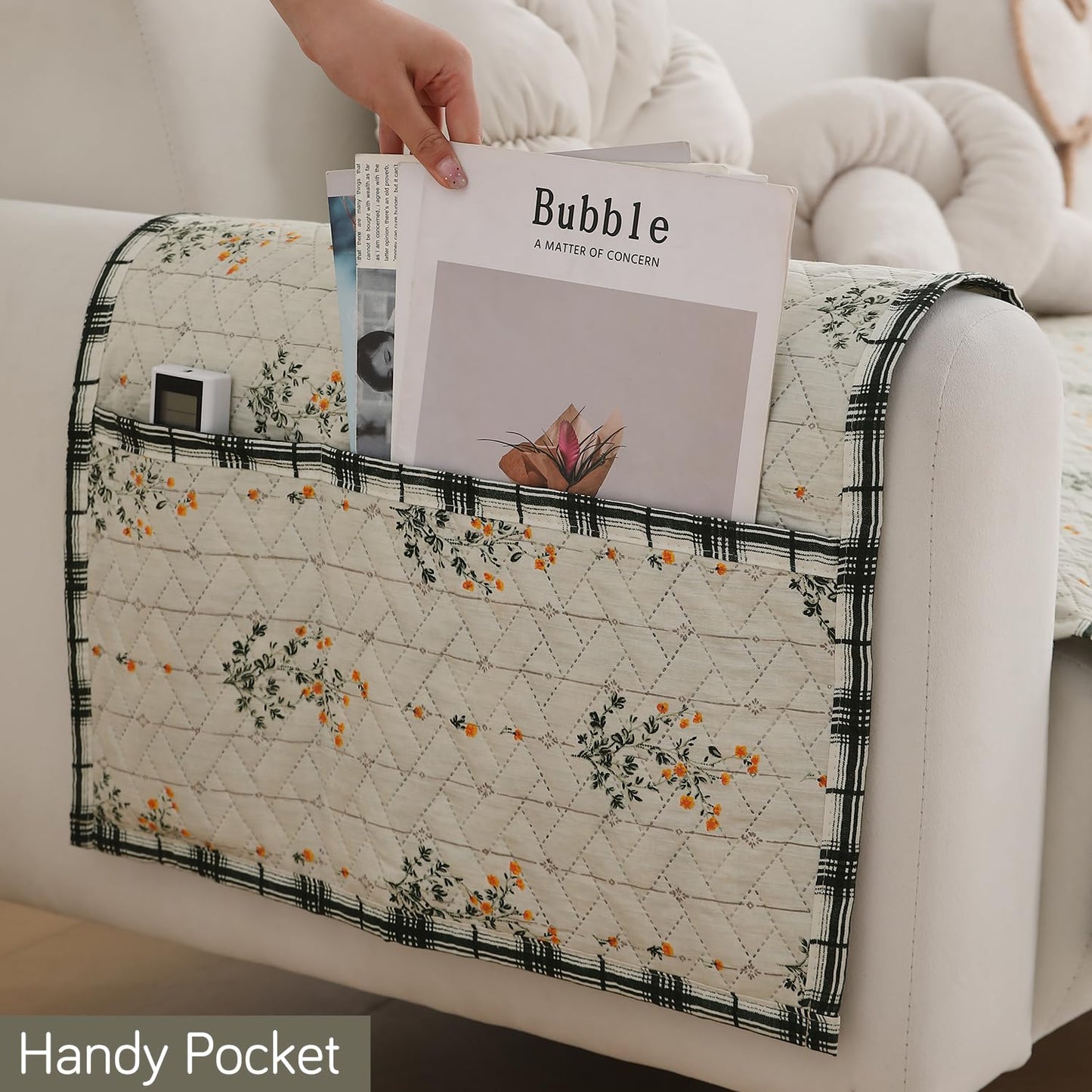 Quilted Sofa Seat Mat for 1/2/3 Seater with 2 Armrest Covers with Pockets, Light Green Ash Gypsy Flower