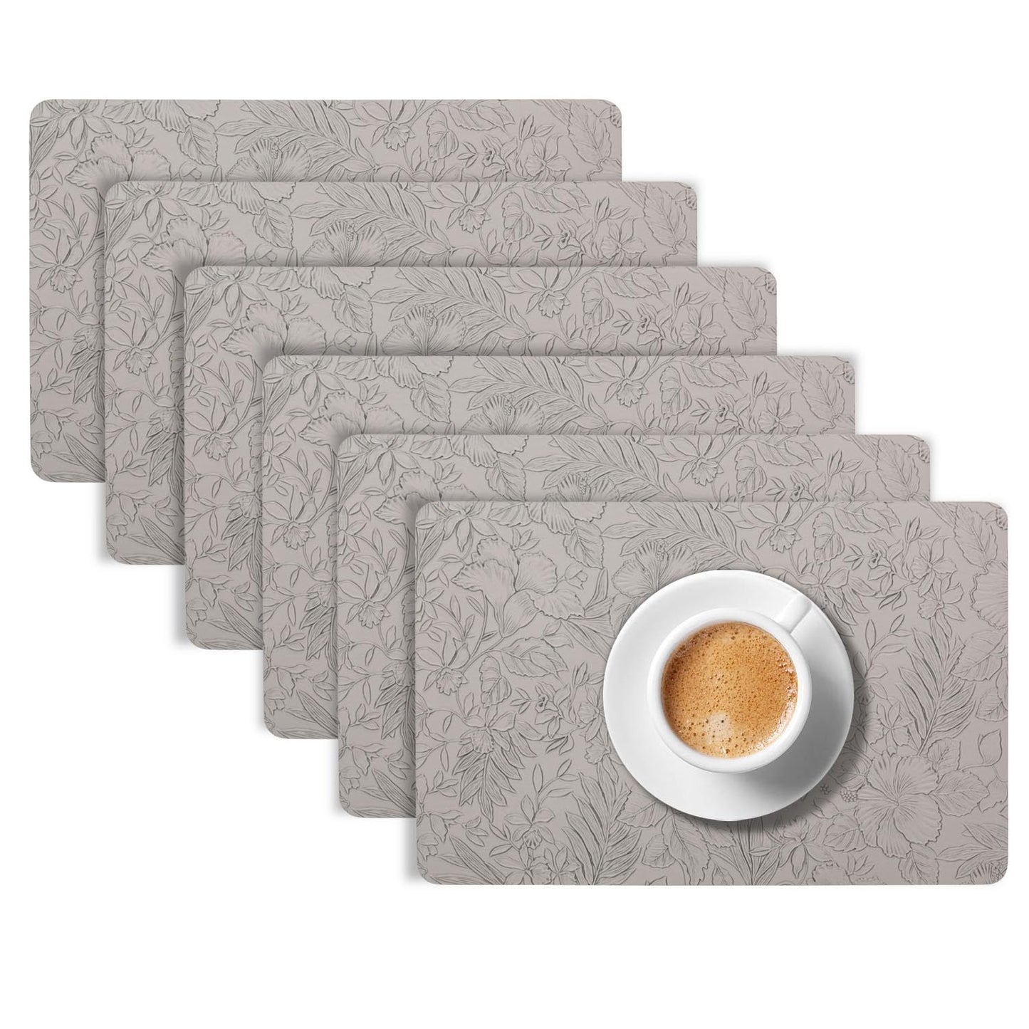 Hibiscus Bloom Washable Leather Mats for Dining Table - Stone Grey