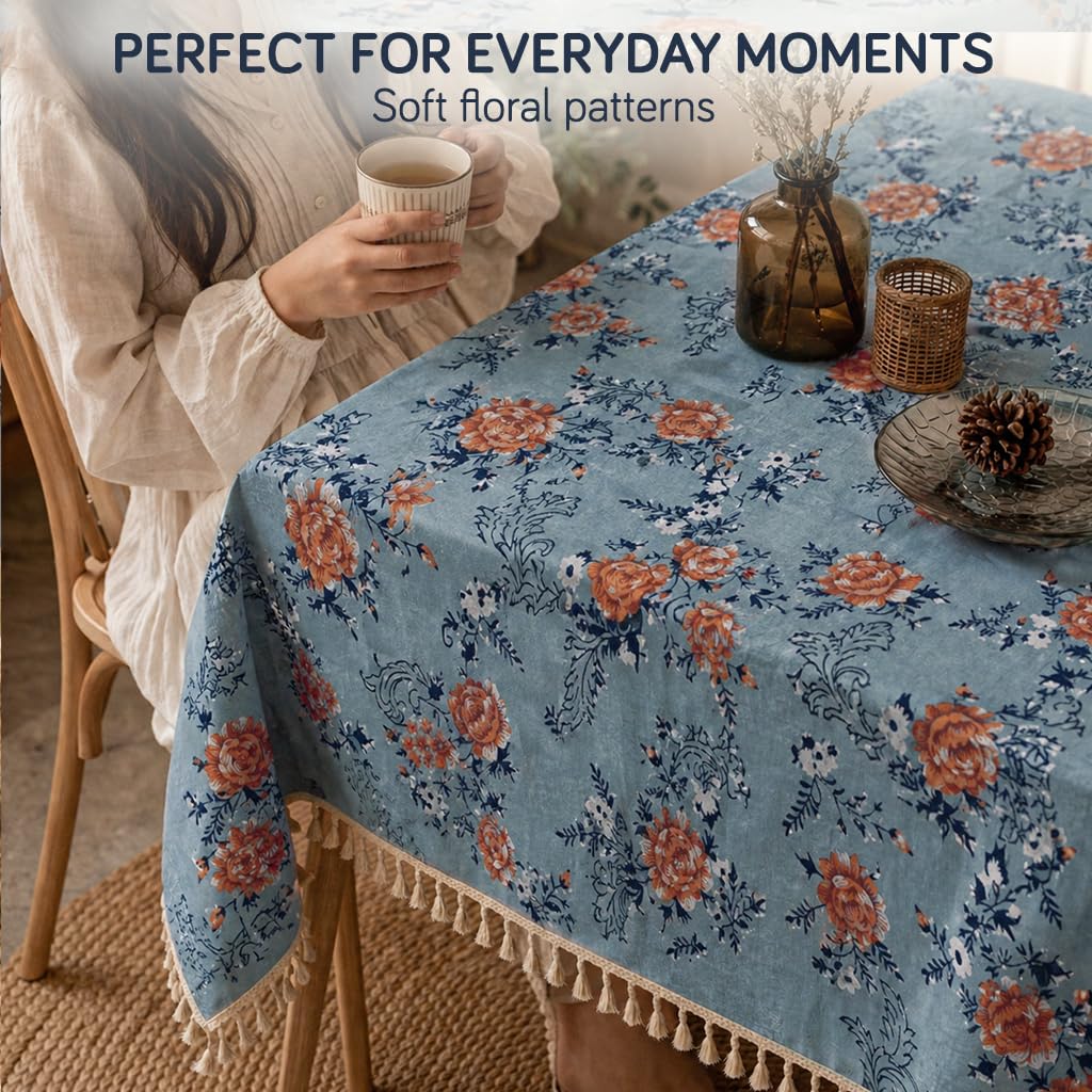 HOKIPO ShieldQuilt Table Cloth with Tassel Edge for 4/6 Seater, Blue - image 7