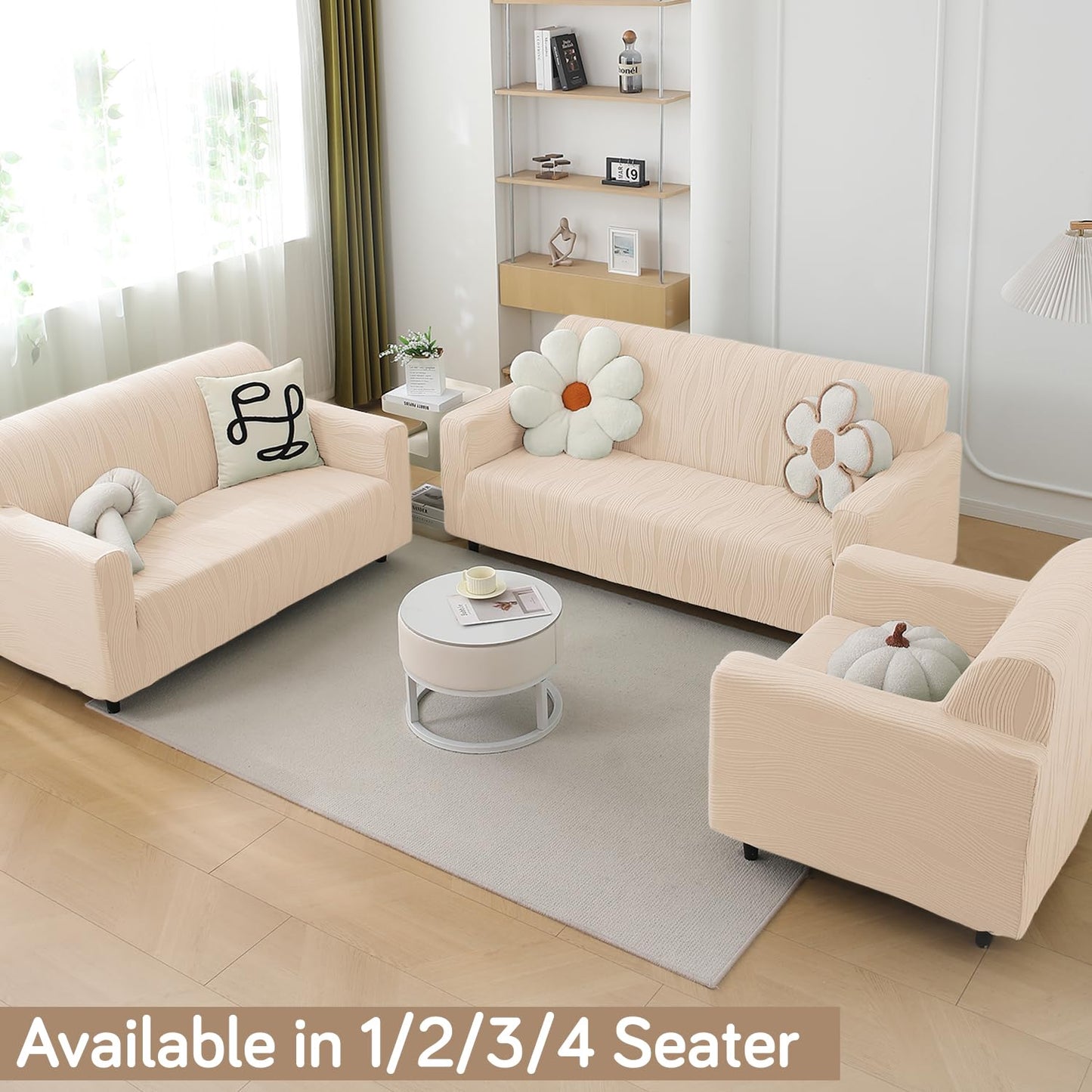 200gsm Knitting Jacquard Sofa Cover 1/2/3/4 Seater Fully Covered, Skimmed Cream