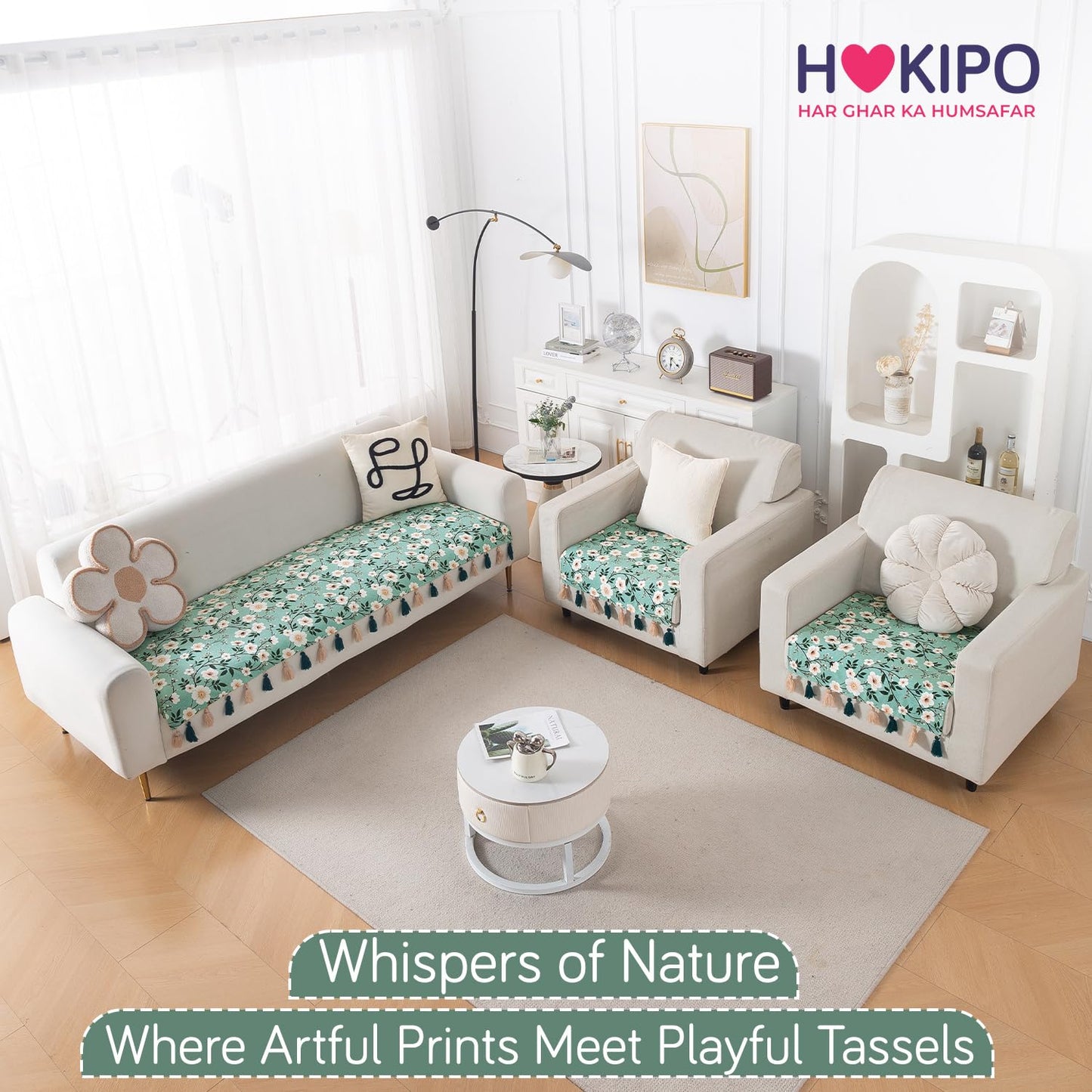 'Whispers of Nature' Series Holland Velvet Sofa Seat Mat with Tassel, Sage Floral Vine