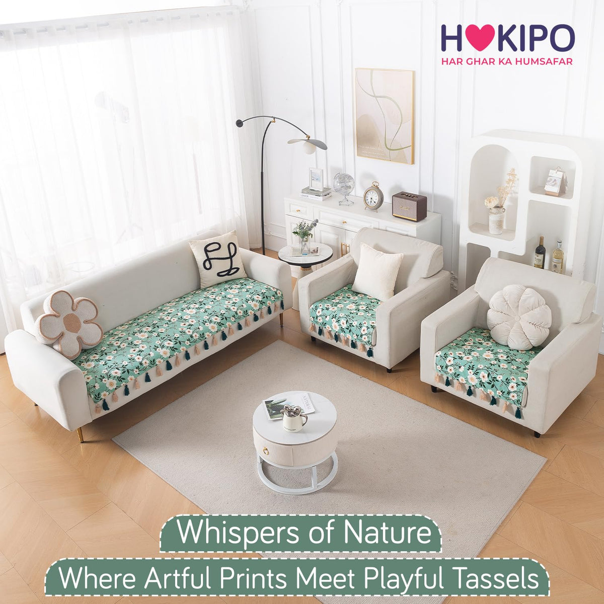 'Whispers of Nature' Series Holland Velvet Sofa Seat Mat with Tassel, Sage Floral Vine