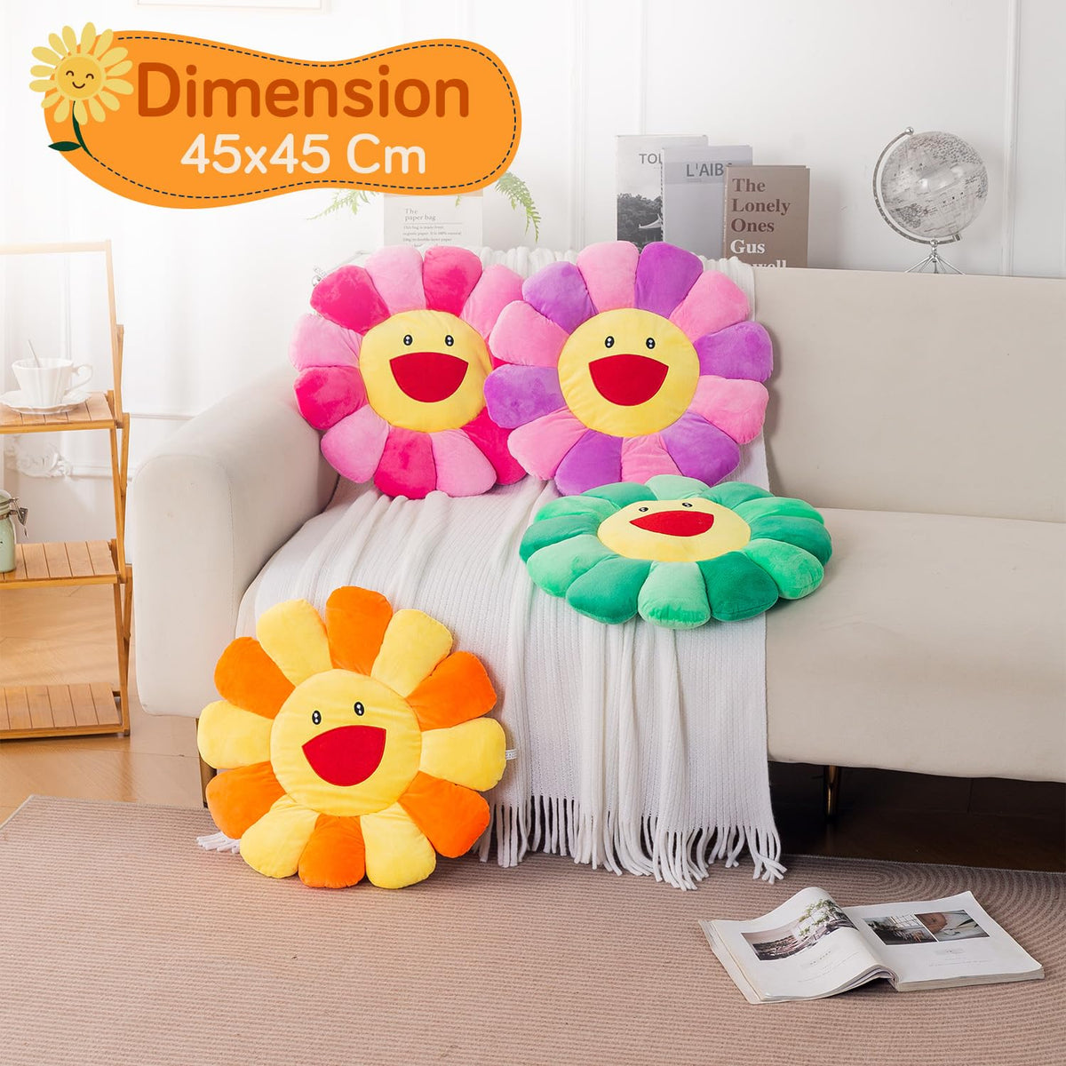 HOKIPO Smiley Sunflower Cushion for Sofa & Bed, 45 cm, Orange