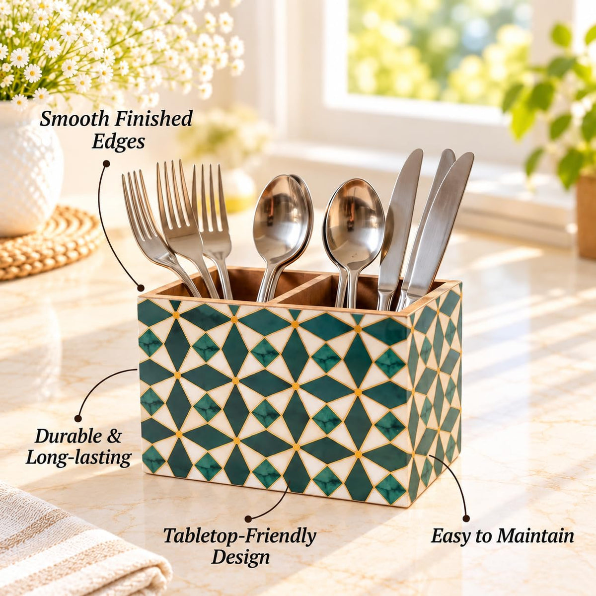 HOKIPO Cutlery Holder for Dining Table, Engineered Wood, Moroccan Prism - image 7
