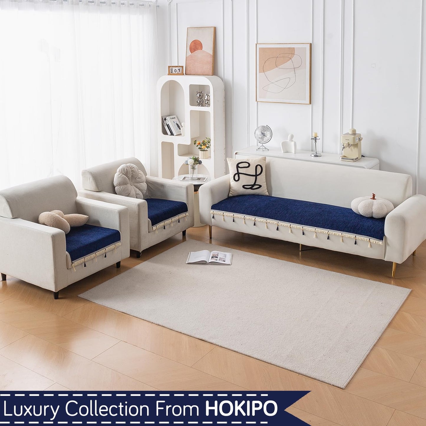 Serenity Tassel Chenille Sofa Cover with Tassel – Sapphire Navy