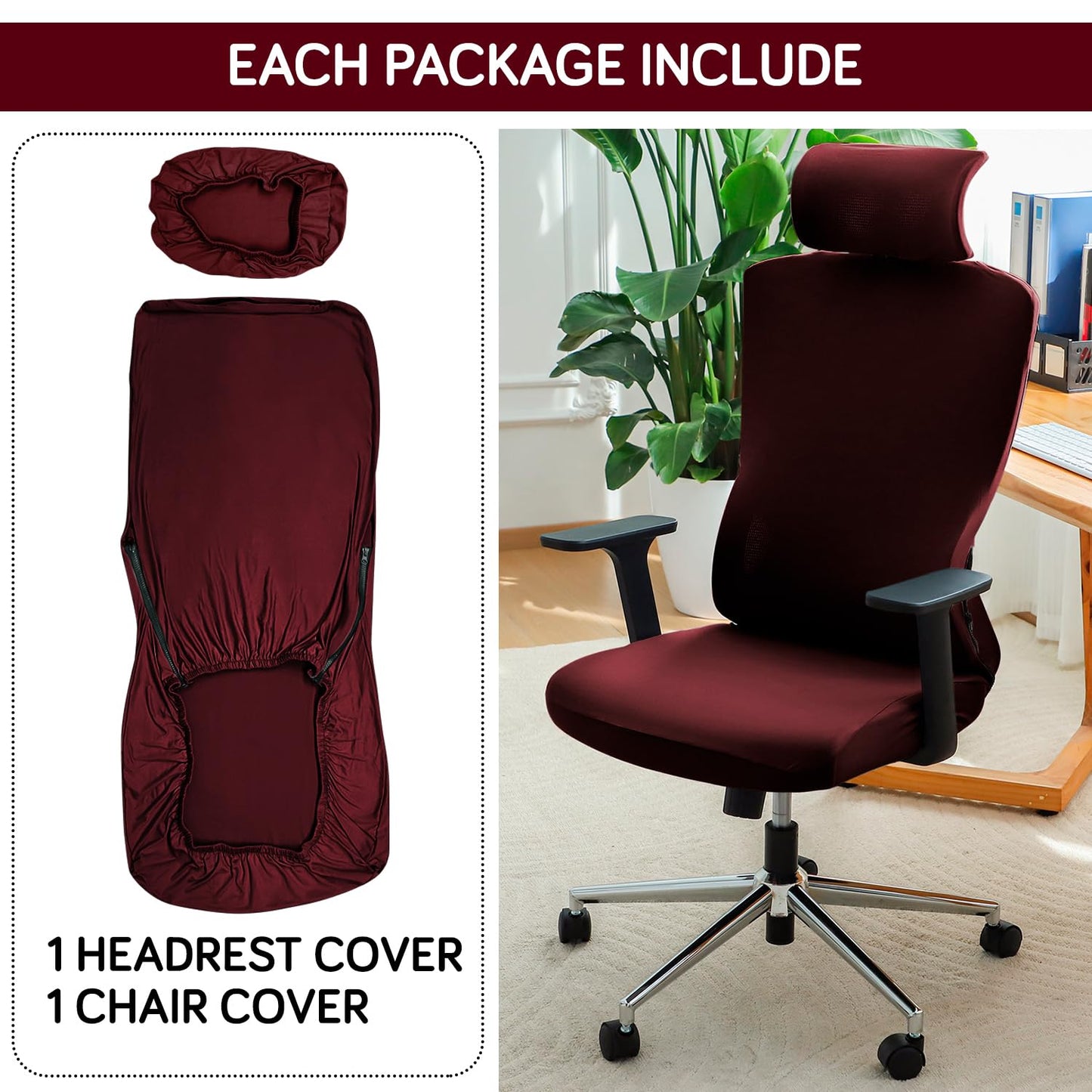 Office Chair Cover with Headrest and Stretchable Chair Seat Covers,  Burgundy