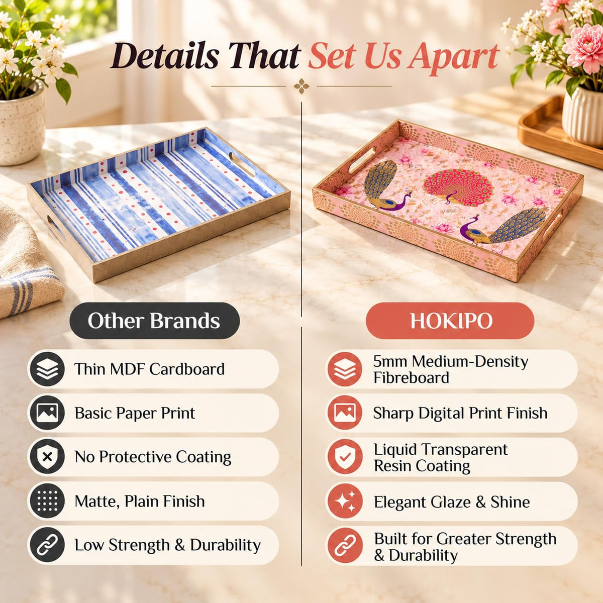 HOKIPO Serving Tray Set of 3, Engineered Wood, Gulabi Mayurvan - image 4