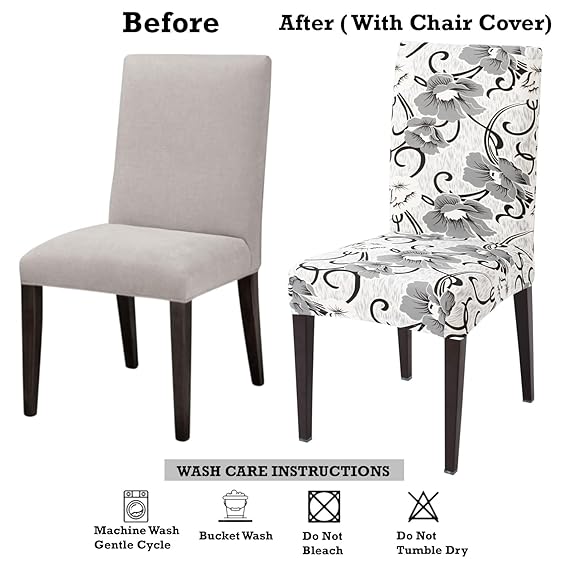 Elastic Stretchable Dining Chair Cover, White Grey Flowers