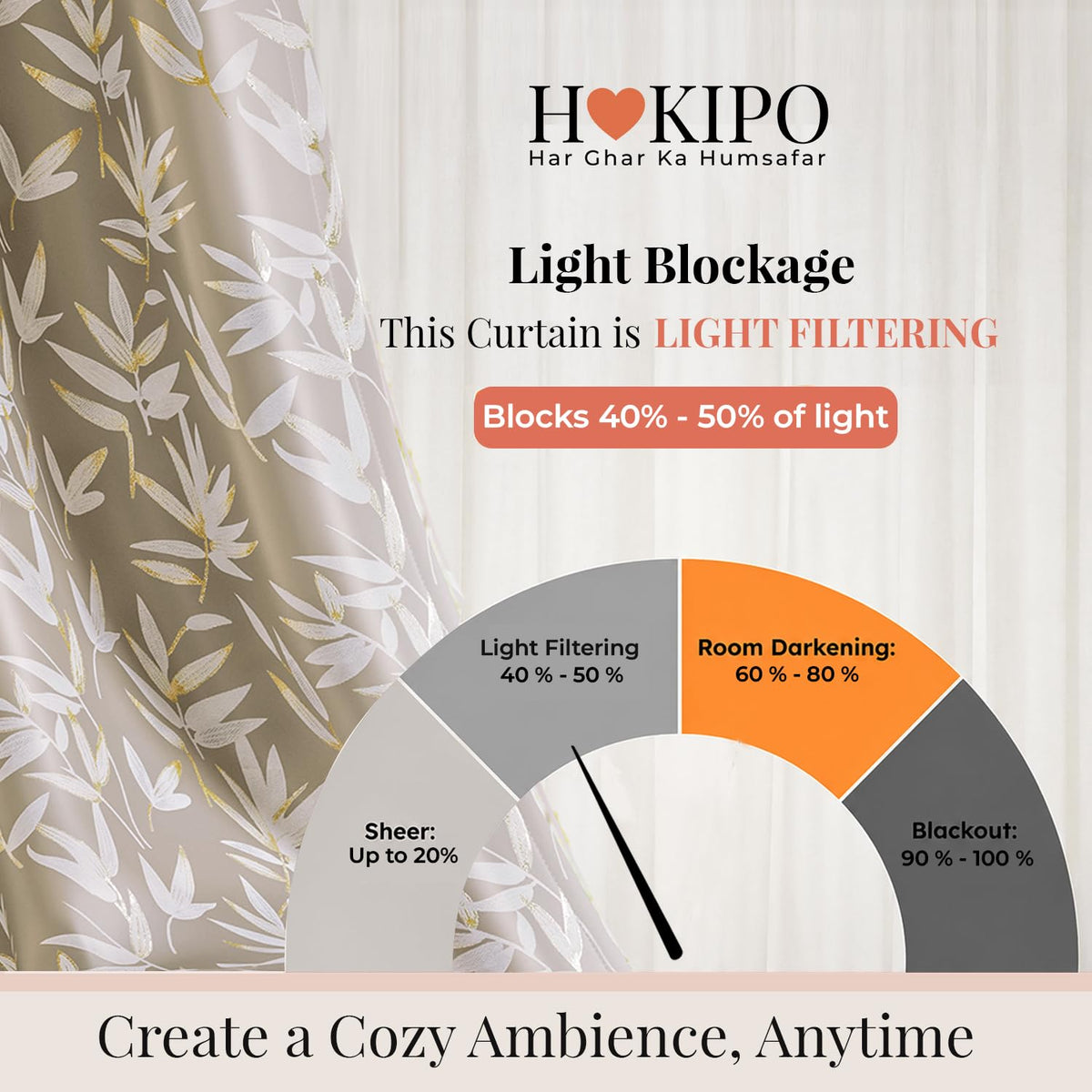 HOKIPO Luxe Foliage Foil Printed Curtains, 7 Feet Long - Taupe - image 5