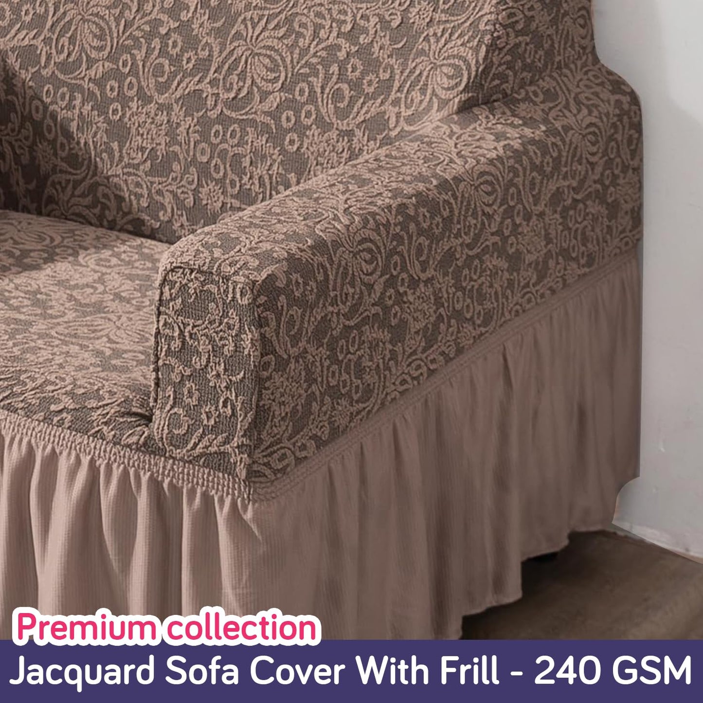 Elastic Stretchable Designer Woven Jacquard Sofa Cover with Frill, Light Taupe