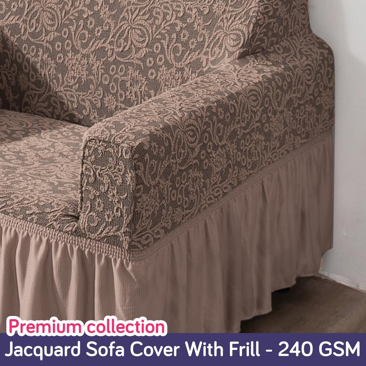 Elastic Stretchable Designer Woven Jacquard Sofa Cover with Frill, Light Taupe