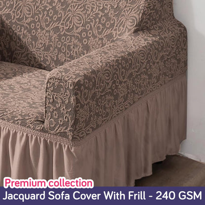 Elastic Stretchable Designer Woven Jacquard Sofa Cover with Frill, Light Taupe