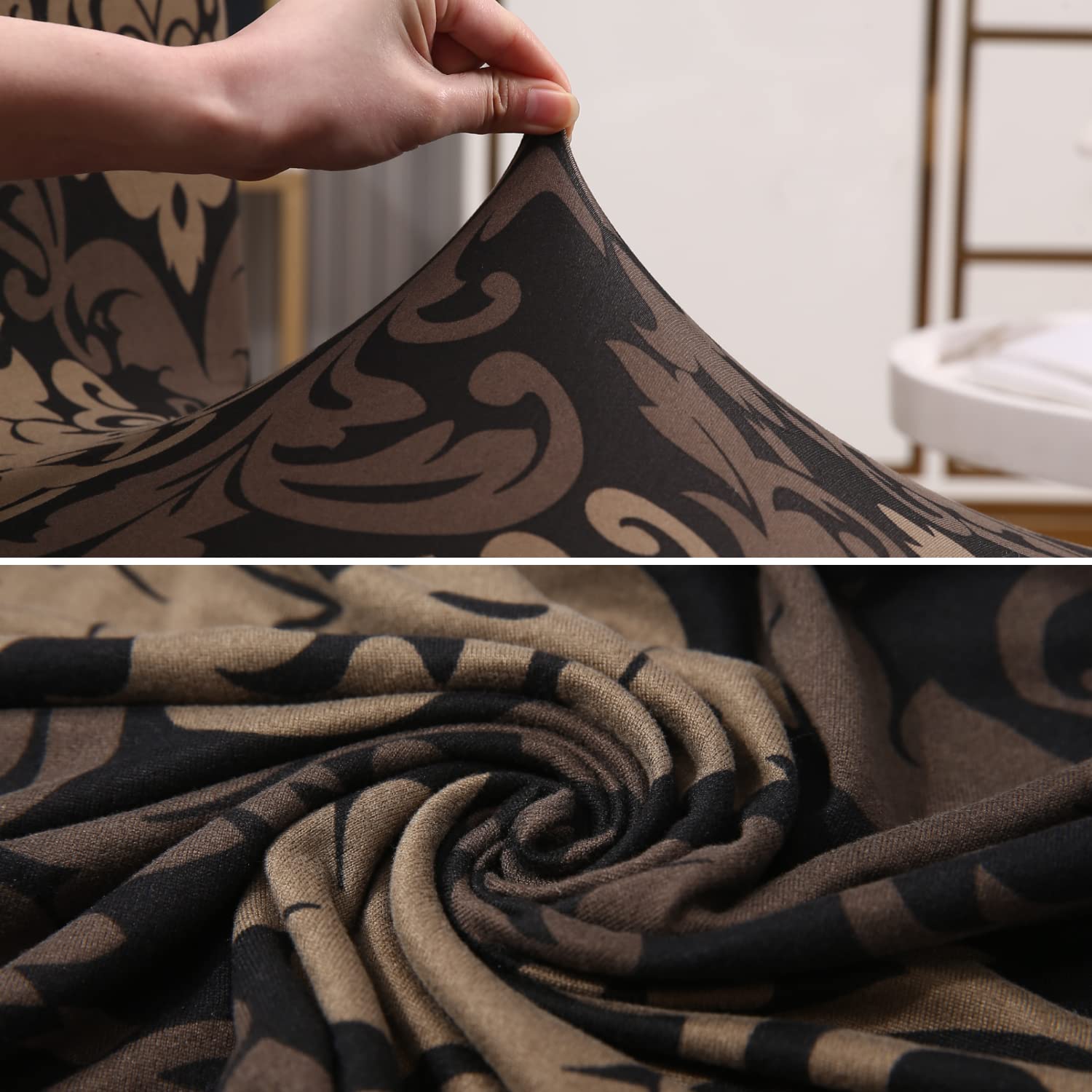 Brown Damask print stretchable dining chair covers | Hokipo