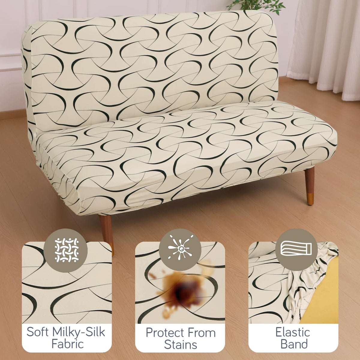 Buy Natural Beige Abstract Art Printed sofa cum bed cover with soft milky-silk fabric, stain protection & secure elastic band fit | HOKIPO