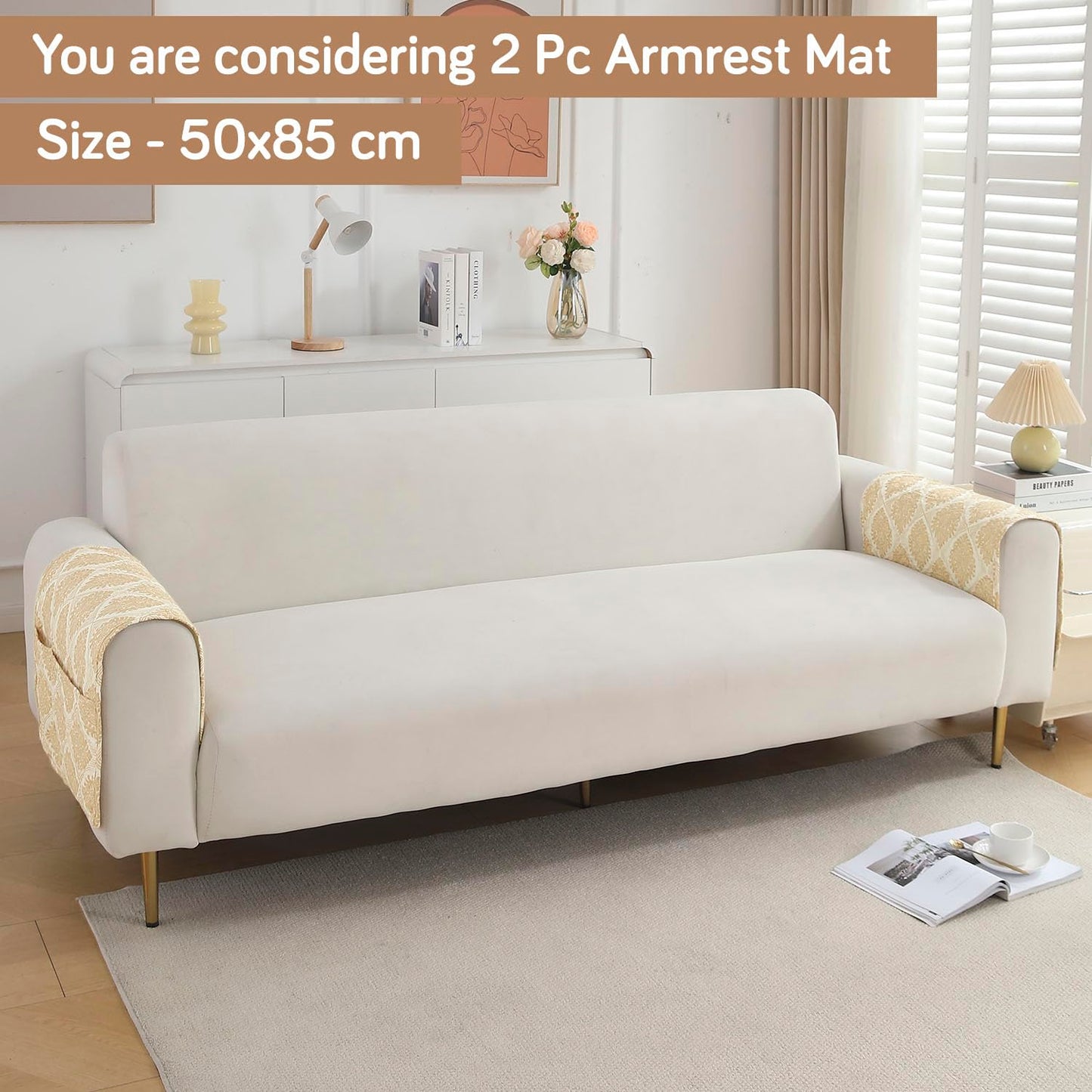 Polyester Printed Quilted Sofa Cover Mats, Ogee Ivory