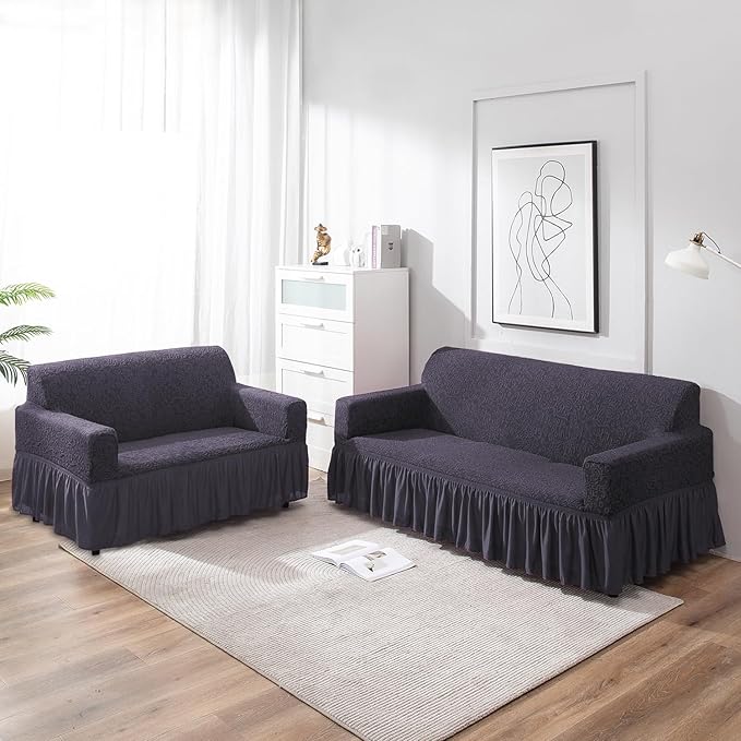 Abbey Grey designer woven jacquard frill sofa cover for 3 2 seater​ sofa