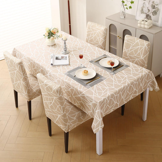 Elastic Dining Chair Covers with Matching Tablecloth, Beige Abstract Geometry