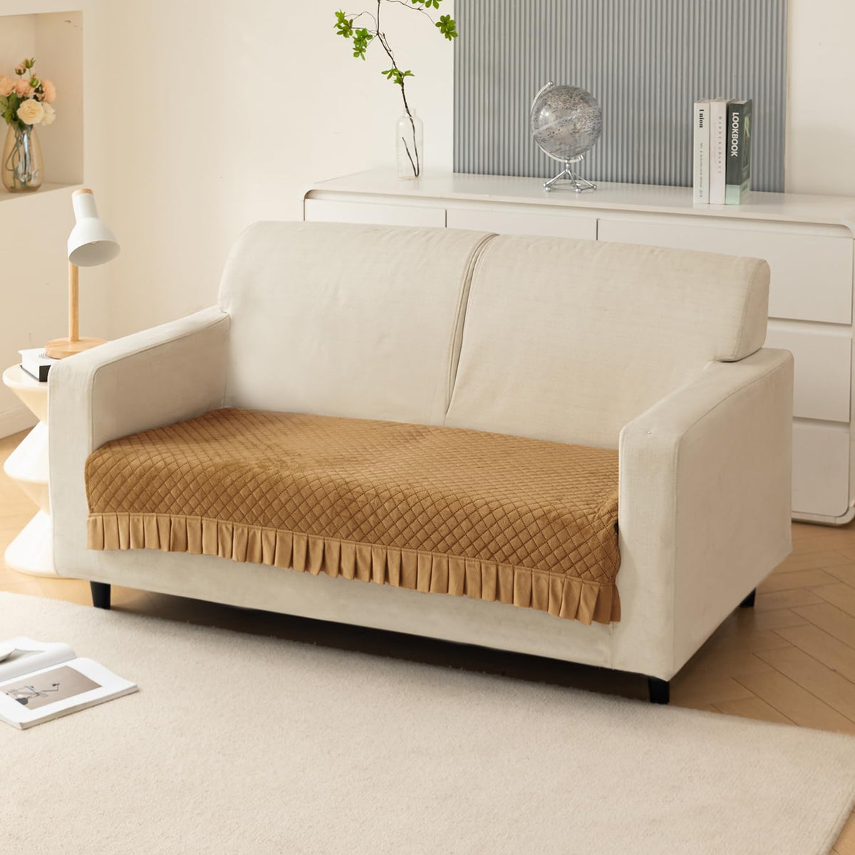 Holland Velvet Sofa Cover Seat Mat with Frill for 1/2/3 - Seater, Gold
