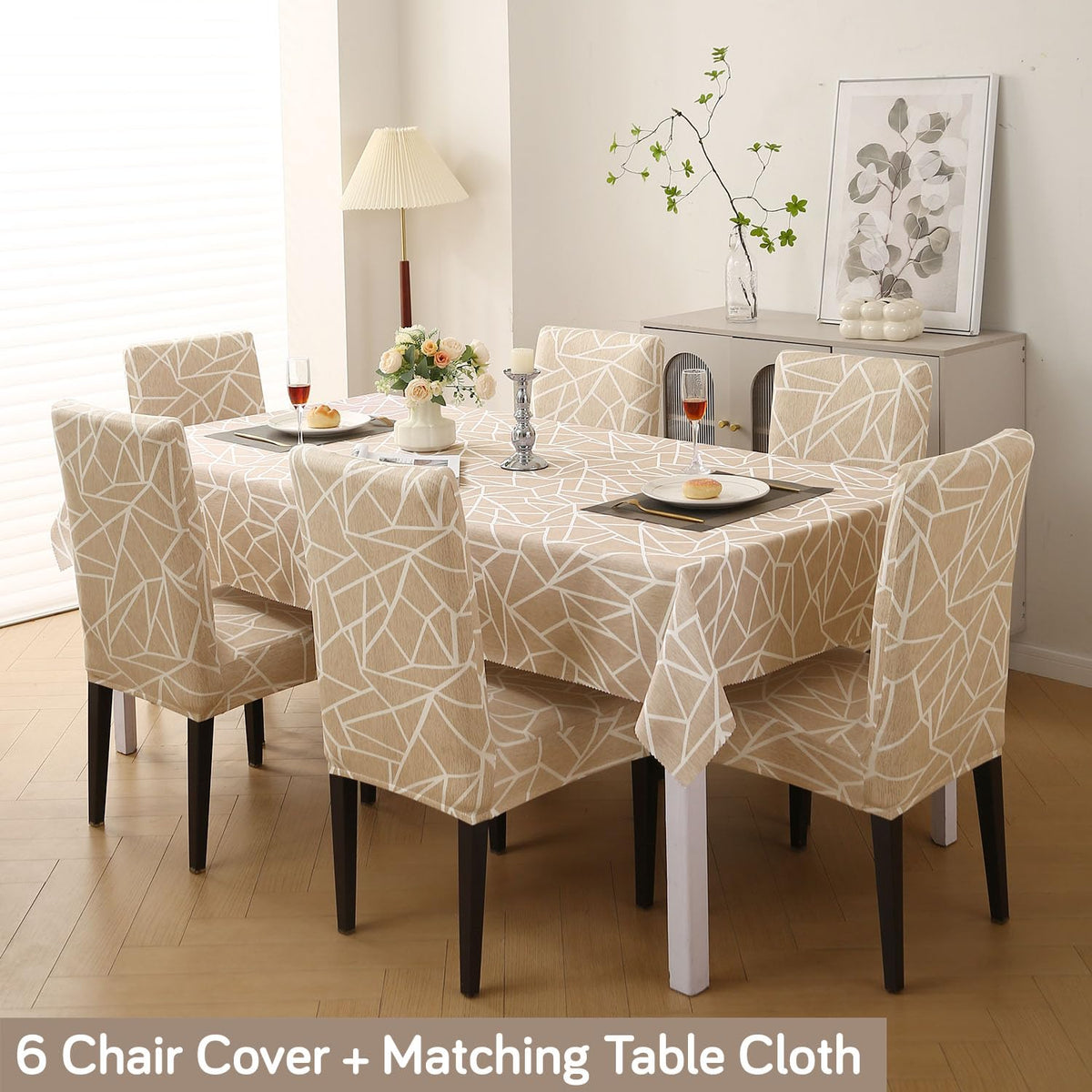 Elastic Dining Chair Covers with Matching Tablecloth, Beige Abstract Geometry