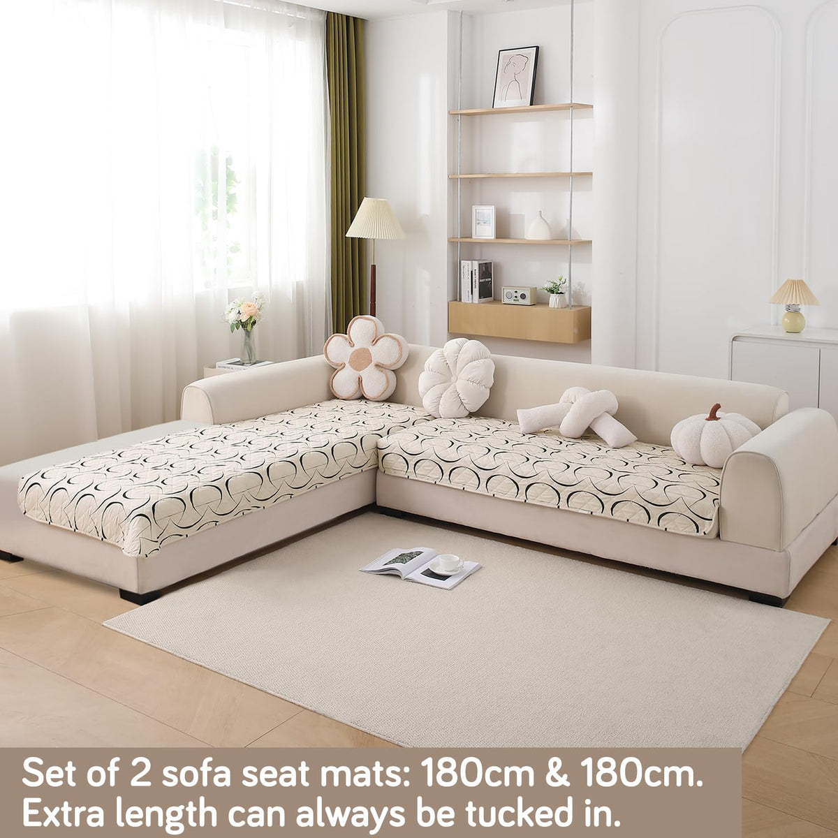 Waterproof Printed Quilted Quick Dry L Shape Sofa Seat Cover Mat, Natural Beige Abstract Art