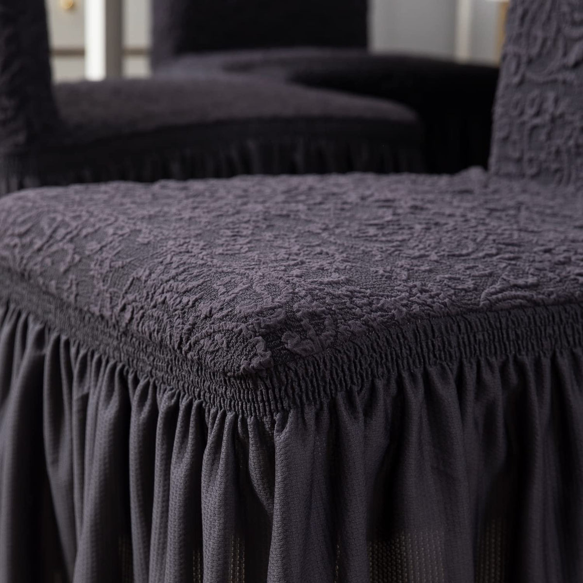 Elastic Stretchable Designer Woven Jacquard Dining Chair Cover with Frill, Abbey Grey