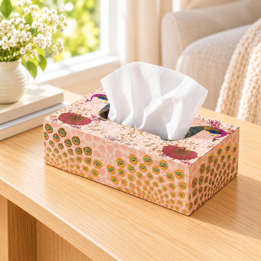 HOKIPO Tissue Box Holder, Rectangle, Engineered Wood, Gulabi Mayurvan - image 1