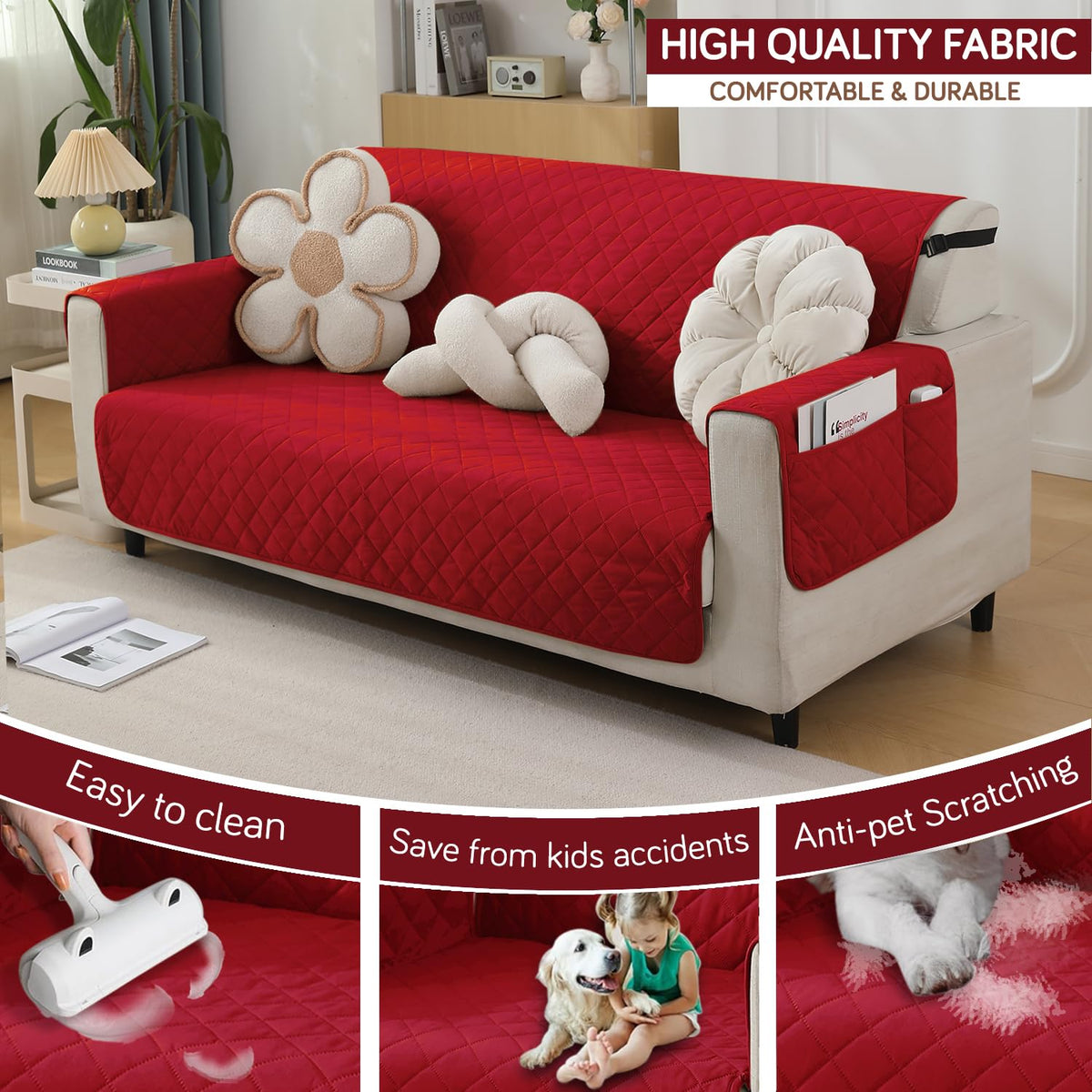 Red colour Quilted Waterproof Sofa Protector for 2 Seater – Durable, Comfortable & Anti-Slip