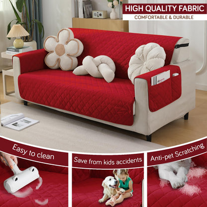 Quilted Waterproof Sofa Cover Mat with Pockets on Armrest Cover - Red