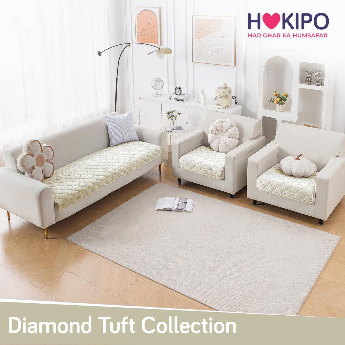 Diamond Tuft Quilted 5-Seater Sofa Mat (3+1+1), Anti-Slip, Ivory Cream