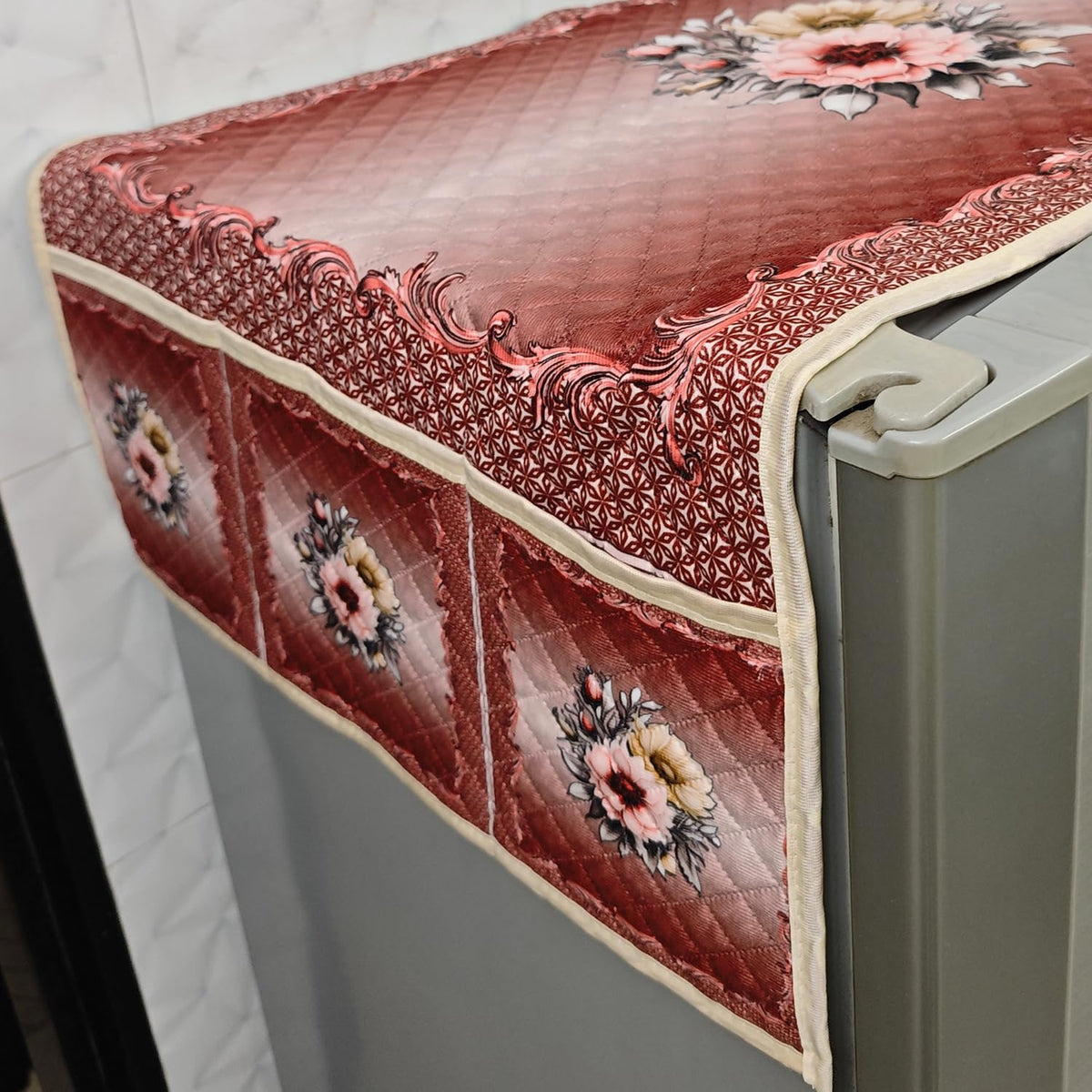 Eternal Floral Printed Quilted Fridge Top Cover with side Pockets - Crimson Bouquet