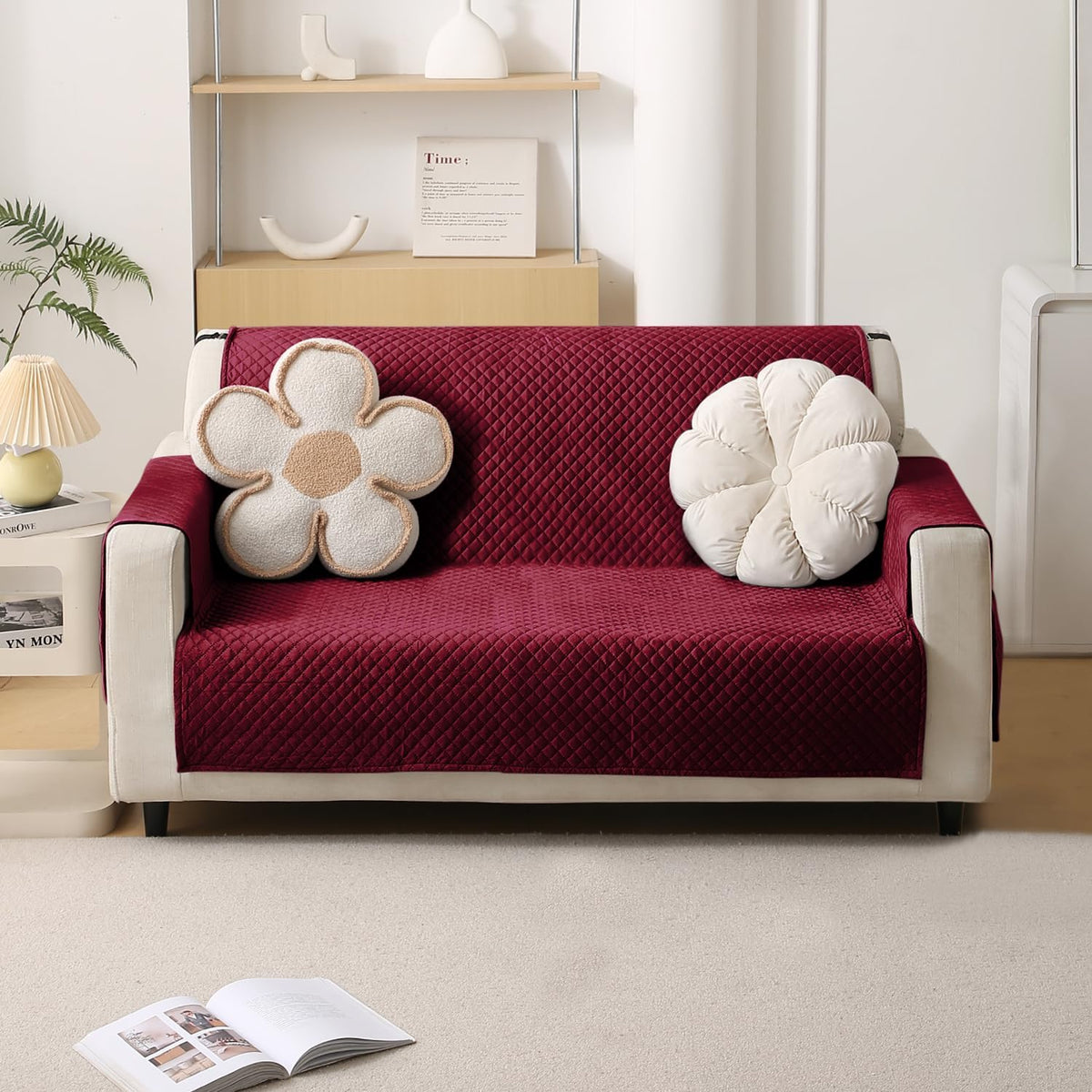 Quilted Velvet Sofa Cover Mat with Side Pockets, Pet Friendly, Sangria Red