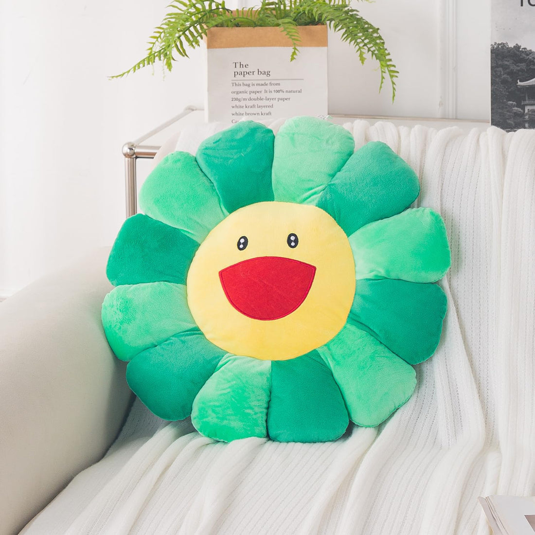 HOKIPO Smiley Sunflower Cushion for Sofa & Bed, 45 cm, Green