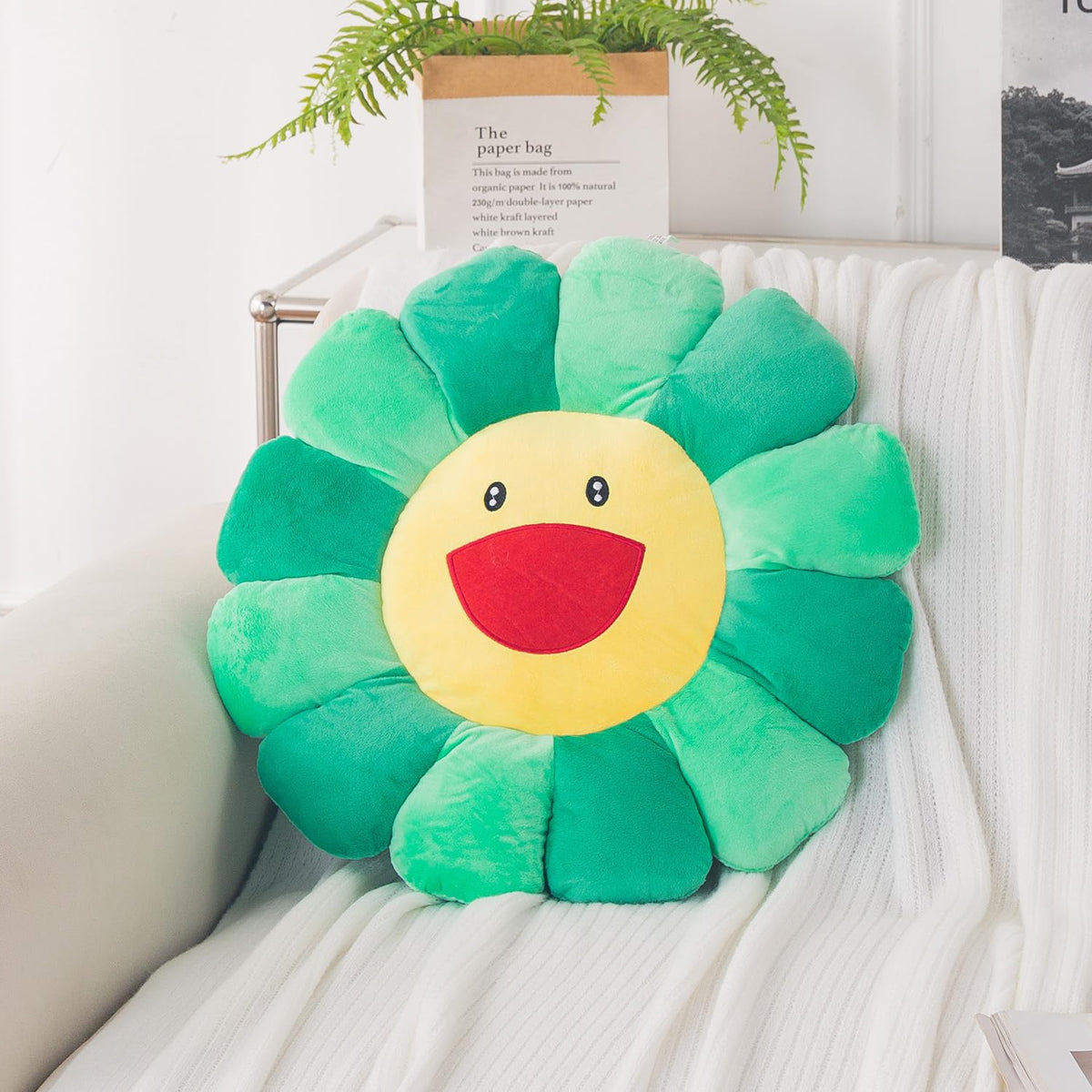 HOKIPO Smiley Sunflower Cushion for Sofa & Bed, 45 cm, Green